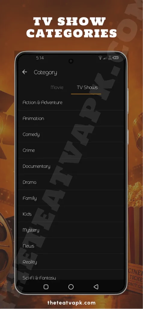 TeaTV TV show categories page with genres such as Action Adventure Comedy Drama Documentary Family Kids Mystery and Reality