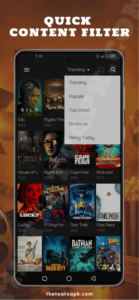 TeaTV content filter menu allowing users to browse Trending Popular Top Rated On the Air and Airing Today titles