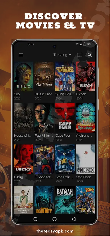 TeaTV home screen showing featured movies trending TV shows and the main content browsing interface
