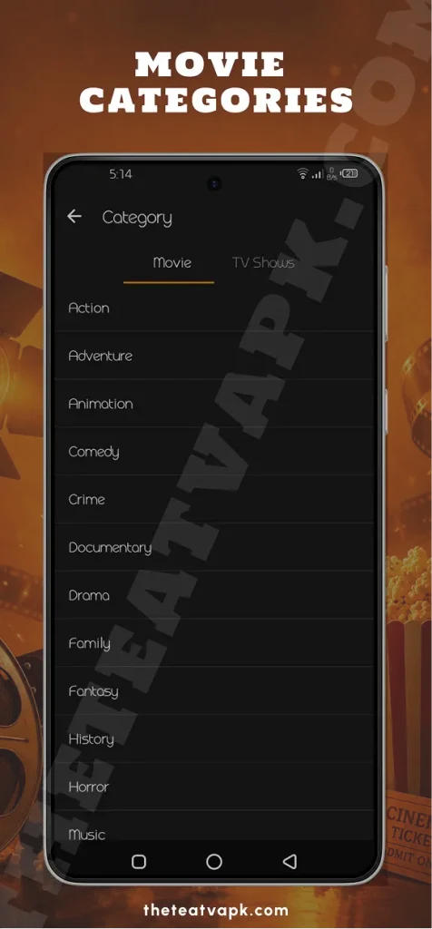 TeaTV movie categories page displaying genres including Action Adventure Animation Comedy Crime Drama Horror and more