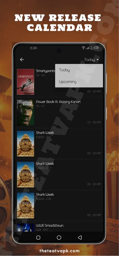 TeaTV release calendar displaying todays and upcoming movie and TV show release schedule