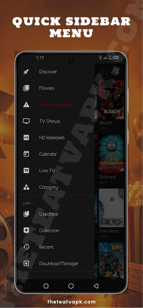 TeaTV sidebar menu with quick navigation to Movies TV Shows Live TV Categories Watchlist and Downloads