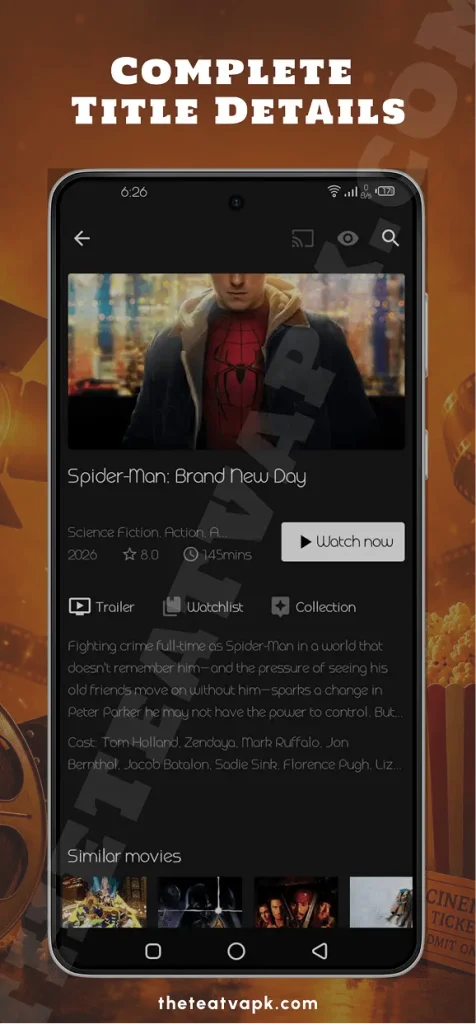 TeaTV title details page showing movie information synopsis ratings watch options and similar content recommendations